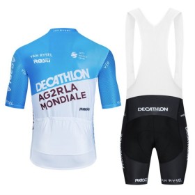 Completo Maglia + Pantaloncino con bretelle 2024 Decathlon Ag2r Manica Corta Blu Bianco